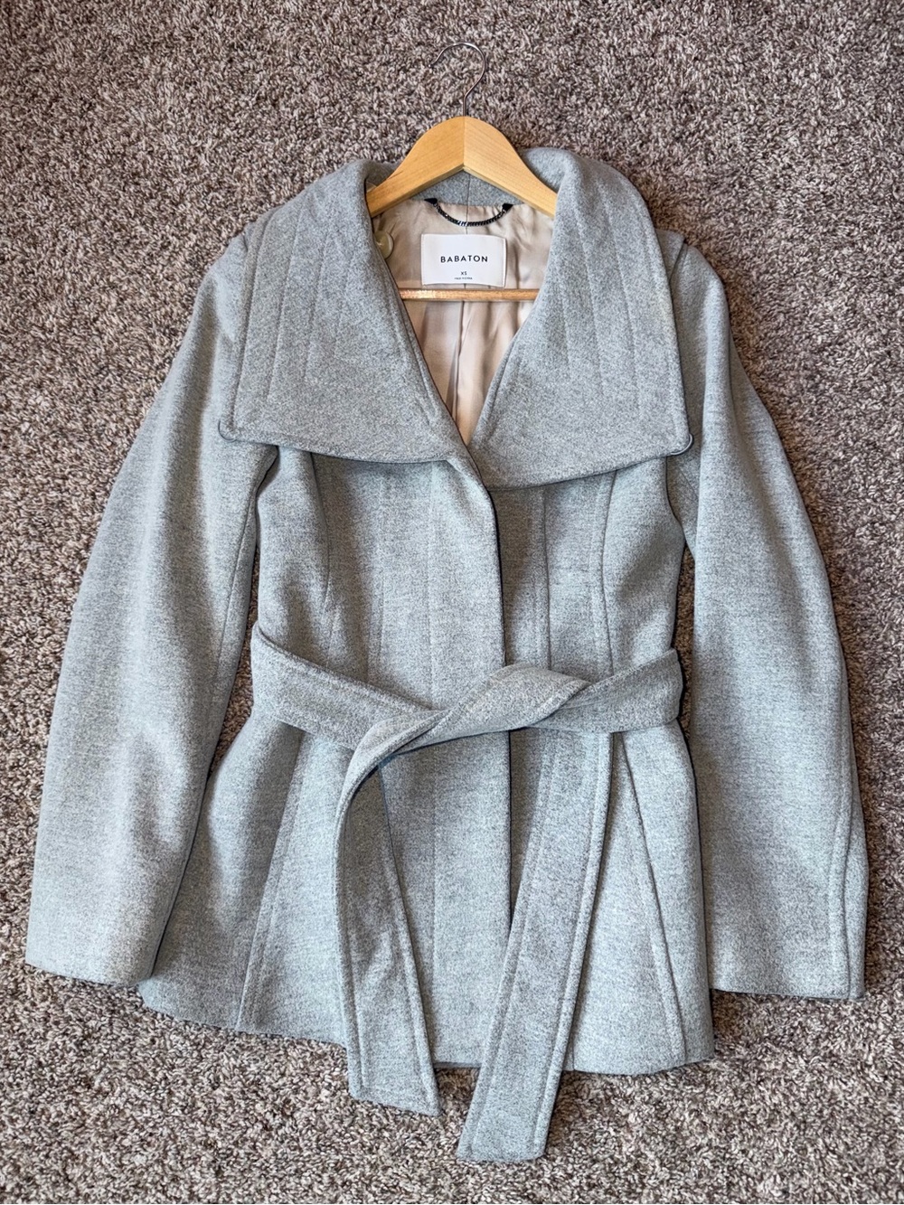 Babaton Light Gray Wrap Belted Wool Coat
